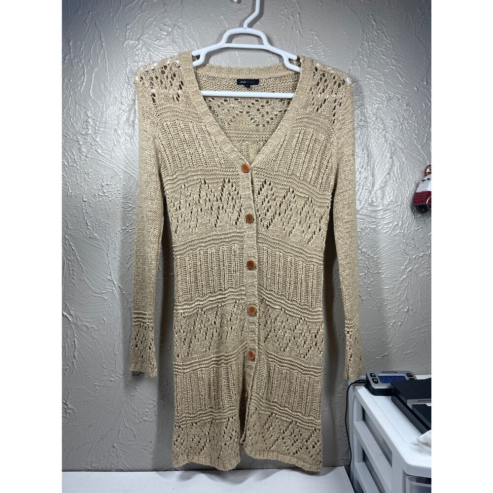 BCBG Max Azria Tan Cardigan Button Front Sweater Open weave size‎ large